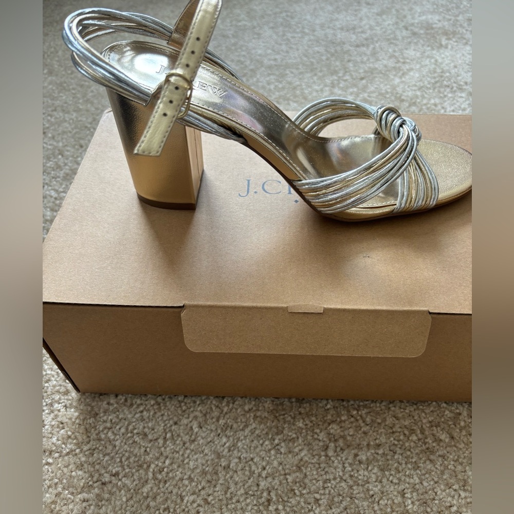 JCrew gold & silver open toe heels.